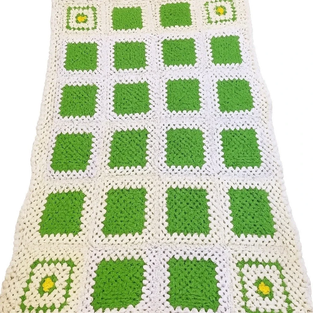 VTG Handmade Crochet Granny Square Afghan Blanket Throw 70x44 Green White Cream